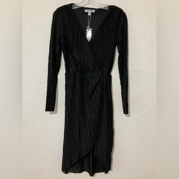 Steve Madden Elegant Crinkle Metallic Long Sleeve Black Dress Sz XS - Picture 3 of 13